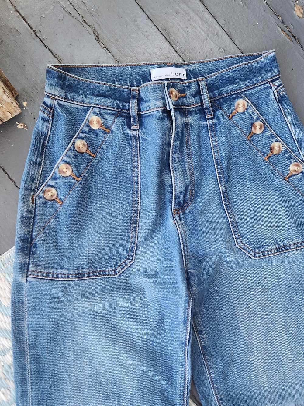 LOFT Medium Blue High-Rise Sailor  Wide Leg Button-Accent Jeans 2/26 - Picture 3 of 6